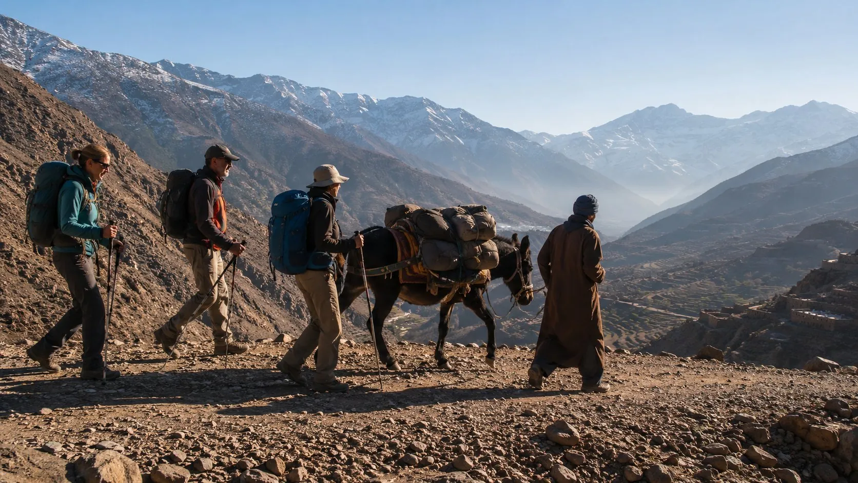Small group trekking with a local guide in the High Atlas mountains