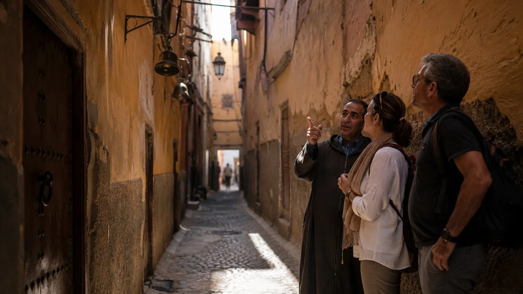 Travelers exploring a Fes medina lane with a local guide