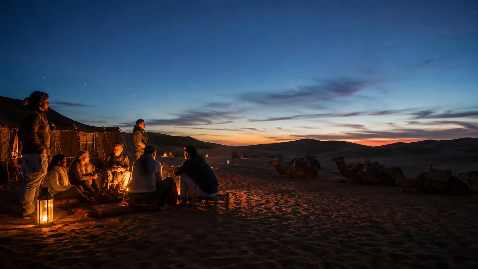 Group gathered by lantern light at a Sahara desert camp at dusk