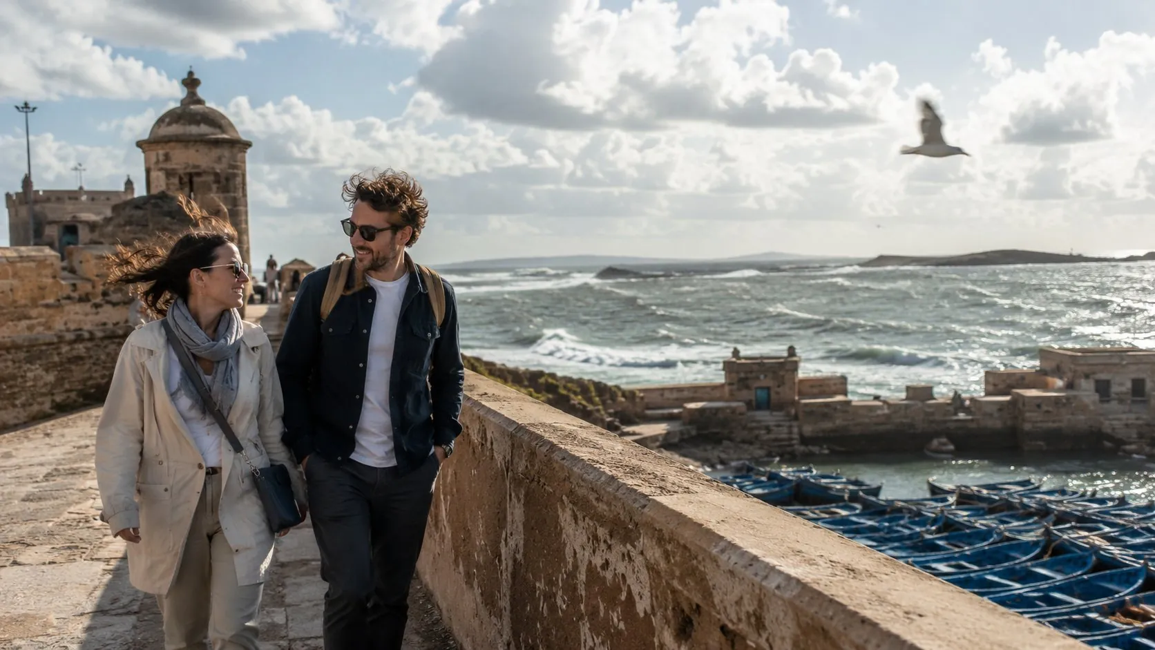 A couple walking the Essaouira sea ramparts above the Atlantic
