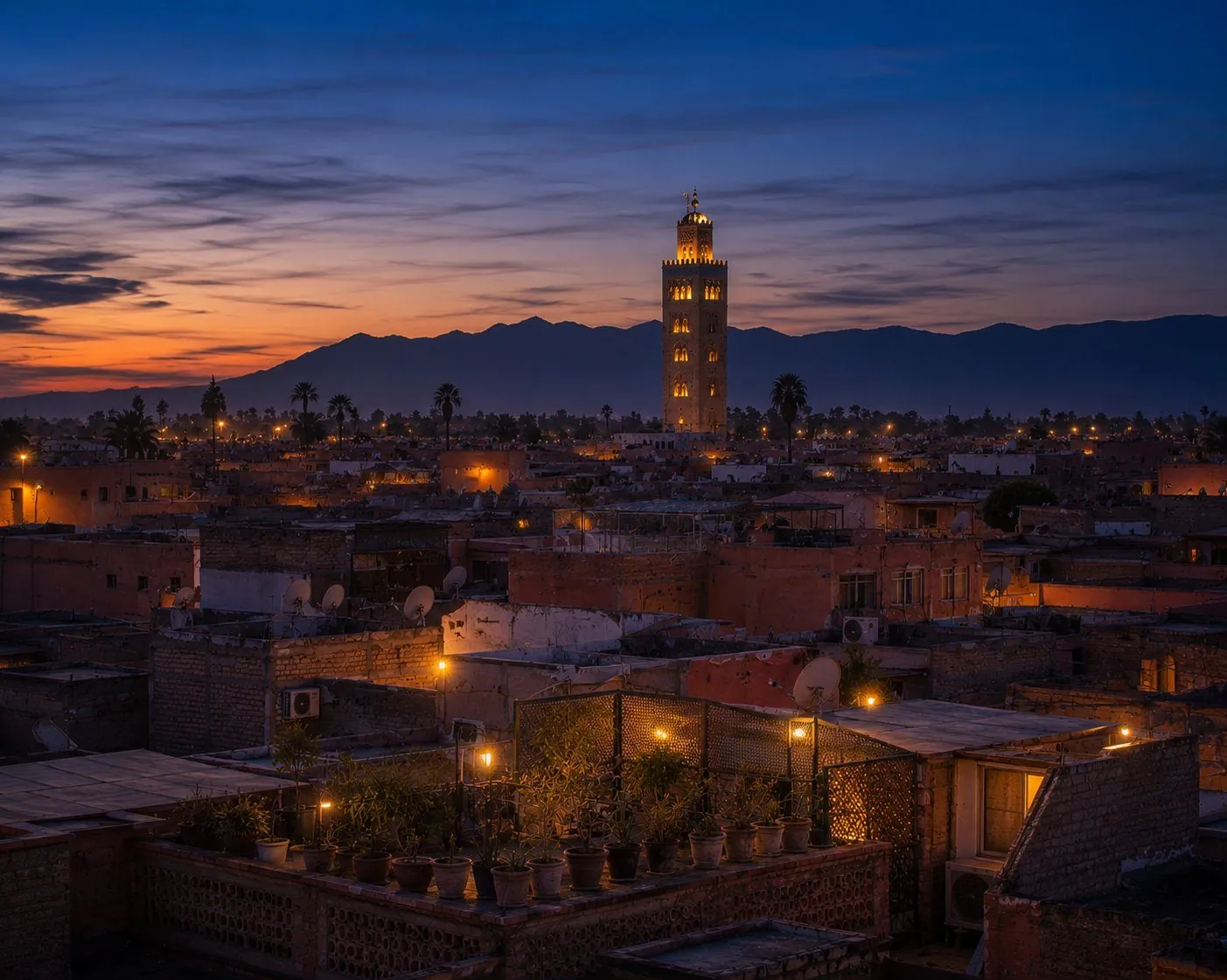 Marrakech medina rooftops at dusk